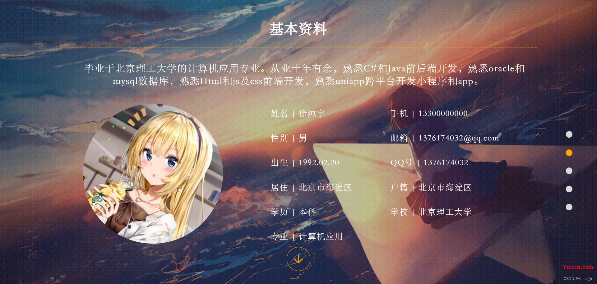 html简洁漂亮的个人简历,个人主页，个人简介网页版(源码)